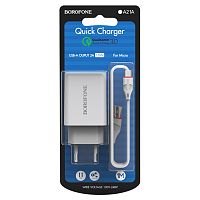 Блок питания сетевой 1 USB Borofone BA21A, Longjourney, 3.0A, пластик, быстрая зарядка 3.0, кабель микро USB, цвет: белый (1/48/192) (6931474702470)