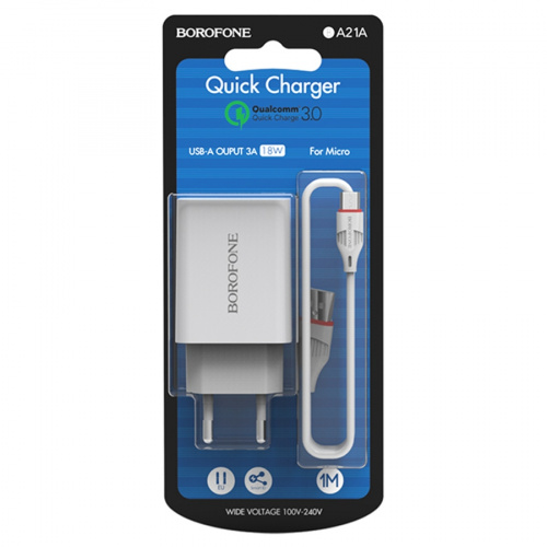 Блок питания сетевой 1 USB Borofone BA21A, Longjourney, 3.0A, пластик, быстрая зарядка 3.0, кабель микро USB, цвет: белый (1/48/192) (6931474702470)