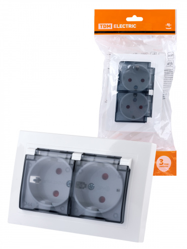 Розетка двойная 2П+З с защ. шт. и прозрачной крышкой 16А 250В IP44 белая "Таймыр" (10/100) TDM (SQ1814-0077) Розетка двойная 2П+З с защ. шт. и прозрачной крышкой 16А 250В IP44 белая "Таймыр" (10/100) TDM (SQ1814-0077)