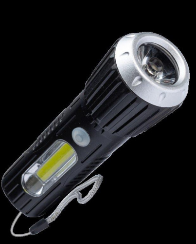 Фонарь КОСМОС ручной KOS114Lit аккум-ный 1Вт LED +2Вт COB сбоку, коллим-ная линза Li-ion18650 1000mAh ABS-пластик USB шнур, коробка (1/60/120)
