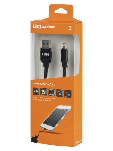 Дата-кабель TDM ДК 9, USB - Lightning, 1 м, тканевая оплетка, черный, (1/200) (SQ1810-0309) фото 2