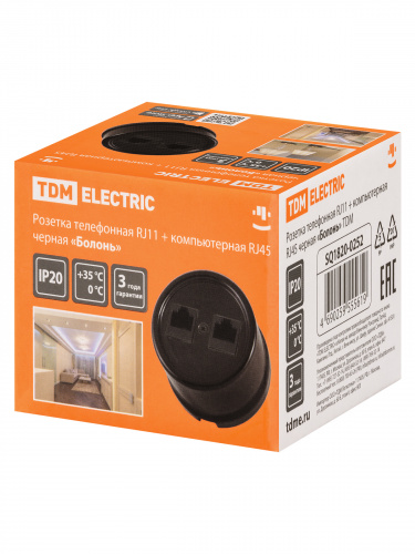 Розетка TDM телефонная RJ11 + компьютерная RJ45 черная «Болонь» (1/72) (SQ1820-0252) фото 2