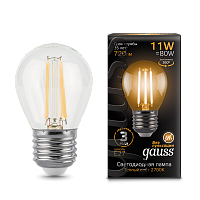 Лампа светодиодная GAUSS Filament Шар 11W 810lm 2700К Е27 1/10/50 (105802111)