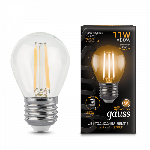 Лампа светодиодная GAUSS Filament Шар 11W 810lm 2700К Е27 1/10/50 (105802111) Лампа светодиодная GAUSS Filament Шар 11W 810lm 2700К Е27 1/10/50 (105802111)