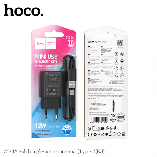 Блок питания сетевой 1 USB HOCO C134A Solid, 3000mA, пластик, 2.4A, кабель USB - Type-C, цвет: чёрный (1/28/168) (6942007621359)