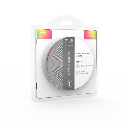 Лента светодиодная GAUSS Basic 5050/60 12V 10W/m 700lm/m RGB 10mm IP20 5m 1/100 (BT055) Лента светодиодная GAUSS Basic 5050/60 12V 10W/m 700lm/m RGB 10mm IP20 5m 1/100 (BT055)