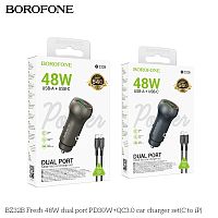 Блок питания автомобильный 1 USB, 1 Type-C Borofone BZ32A Fresh, PD48Вт, кабель Type-C - 8 pin, цвет: серый (1/42/168) (6941991118654)