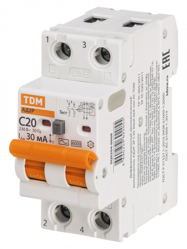 Диф.автомат АД2P 2Р С20 30мА 6кА тип АС TDM (1/48) (SQ0204-0608) фото 7