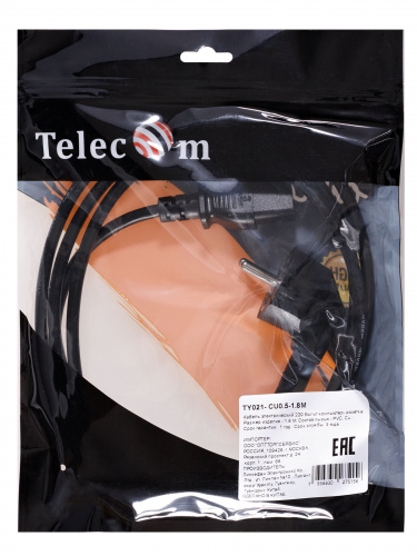Кабель компьютер - розетка 220V EU (угловой)<VDE> 3GX0,5mm2, 1,8m, медь, Telecom <TY021-CU0.5-1.8M>  (1/60) фото 8