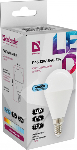 Лампа светодиодная DEFENDER P45 12Вт E14 4000К шар нейтральный белый (10/100) (95227) Лампа светодиодная DEFENDER P45 12Вт E14 4000К шар нейтральный белый (10/100) (95227)