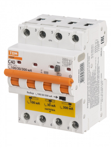 Диф.автомат АД4P 4Р С40 30-100-300мА 6кА тип АС TDM (1/24) (SQ0204-0633) фото 7