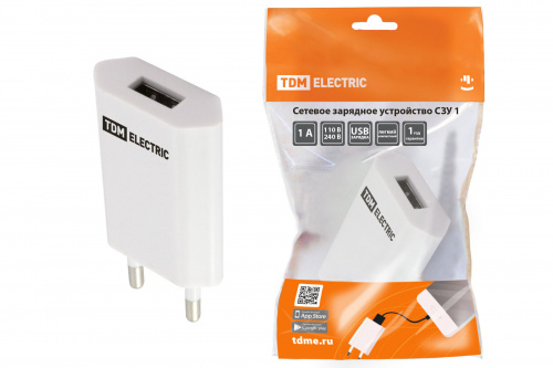 Сетевое зарядное устройство, СЗУ 1, 1 А, 1 USB, белый, TDM (1/200) (SQ1810-0001)