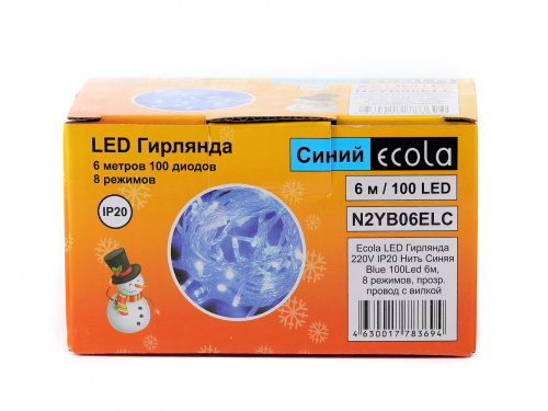 Гирлянда светодиодная ECOLA 220V IP20 Нить 6м 100Led Синяя Blue, 8 режимов, прозр.провод с вилкой (1/30) (N2YB06ELC) фото 8