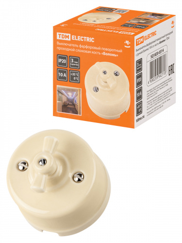 Выключатель фарфоровый поворотный проходной с ручкой (бантик) 10А сл. кость «Болонь» TDM (1/72) (SQ1820-0314) Выключатель фарфоровый поворотный проходной с ручкой (бантик) 10А сл. кость «Болонь» TDM (1/72) (SQ1820-0314)