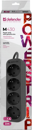 Удлинитель DEFENDER M430, 4 розетки, ПВС 3*1,0 мм2, мощность 2200 Вт, ток 10А, с/з, черный, 3,0 м (1/45) (99326) фото 10