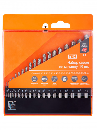 Набор сверл по металлу, 19 шт. (1-10) мм, шаг 0,5 мм, полир., HSS, ц. хв., пласт. уп., "Рубин" TDM (1/30) (SQ1093-0102) фото 3 Набор сверл по металлу, 19 шт. (1-10) мм, шаг 0,5 мм, полир., HSS, ц. хв., пласт. уп., "Рубин" TDM (1/30) (SQ1093-0102) фото 3