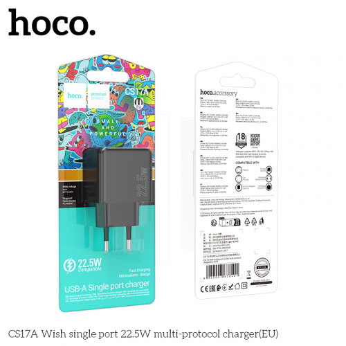 Блок питания сетевой 1 USB HOCO CS17A Wish, 3.0A, цвет: чёрный (1/28/168) (6942007638401)