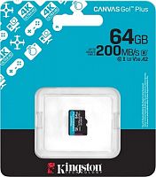 Карта памяти MicroSD  64GB  Kingston Class 10 Canvas Go Plus A2 U3 V30  (200 Mb/s) без адаптера (SDCG4/64GBSP)