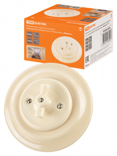 Выключатель скрытой установки фарфоровый поворотный с ручкой (бантик) 10А сл. кость «Болонь» TDM (SQ1820-0320) Выключатель скрытой установки фарфоровый поворотный с ручкой (бантик) 10А сл. кость «Болонь» TDM (SQ1820-0320)