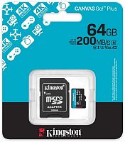 Карта памяти MicroSD  64GB  Kingston Class 10 Canvas Go Plus A2 U3 V30  (200 Mb/s) + SD адаптер (SDCG4/64GB)