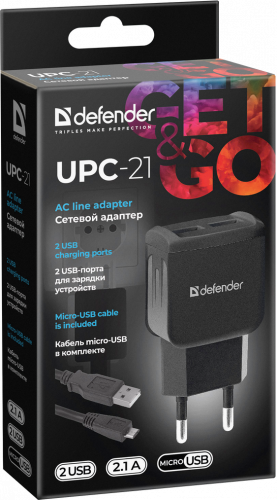 Блок питания сетевой 2 USB DEFENDER UPC-21, черный, 5V/2.1А, кабель microUSB (1/50) (83581) фото 12
