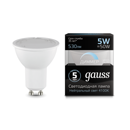 Лампа светодиодная GAUSS MR16 5W 530lm 4100K GU10 диммируемая 1/10/100 (101506205-D)