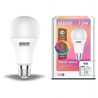 Лампа светодиодная GAUSS Smart Home, Wi-Fi и голосовое управление, програм-ние режимов, диммер, RGBW E27 A60 10 Вт 2700-6500K 1/10/100 (1180112)