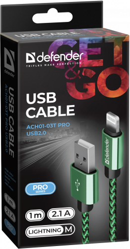 Кабель DEFENDER ACH01-03T PRO USB2.0, зеленый, AM-LightningM, 1m, 2.1A (1/100) (87810) фото 6