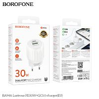 Блок питания сетевой 1 USB, 1 Type-C Borofone BA94A Lustrous, пластик, PD30Вт, QC3.0, цвет: белый (1/30/120) (6941991119989)