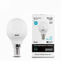 Лампа светодиодная GAUSS Elementary Шар 6W 450lm 4100K Е14 1/10/100 (53126)