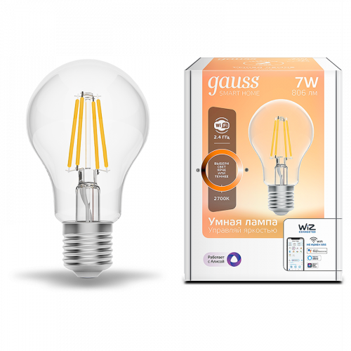 Лампа светодиодная GAUSS Smart Home, филамент, Wi-Fi и голосовое управление, програм-ние режимов, диммер, DIM E27 A60 7 Вт 1/10/40 (1200112)