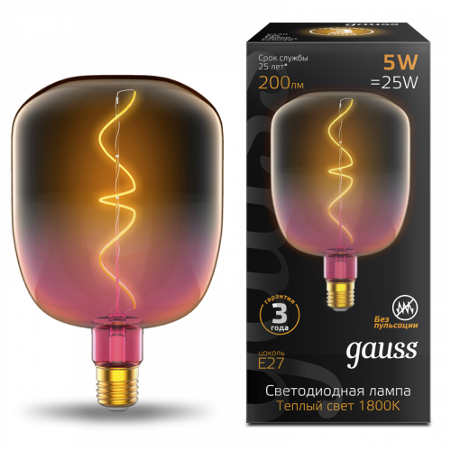 Лампа светодиодная GAUSS Filament V140 5W 200lm 1800К Е27 pink-clear flexible 1/6 (1010802105)