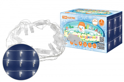 Гирлянда TDM светодиодная "Прищепки" 3 м, 15LED, белый, 8 режимов, 250 В, IP20, (1/1/36) (SQ0361-0093)