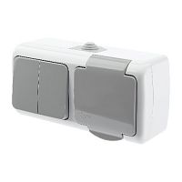 Блок INTRO розетка с выключателем Atlantic 5-702-03 двойным 2P+E, 10(16)А-250В, открытой установки, IP54, серый (1/5/60) (Б0050948)