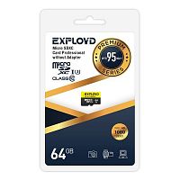 Карта памяти яMicroSD  64GB  Exployd Class 10 Premium UHS-I U3 (95 Mb/s) без адаптера (EX064GCSDXC10UHS-1-ElU3w)