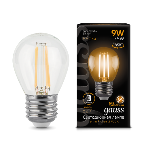 Лампа светодиодная GAUSS Filament Шар 9W 680lm 2700К Е27 1/10/50 (105802109) Лампа светодиодная GAUSS Filament Шар 9W 680lm 2700К Е27 1/10/50 (105802109)
