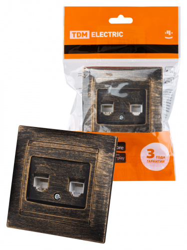 Розетка телефонная RJ11 + компьютерная RJ45 старинная бронза с/у, "Лама" (1/10) TDM (SQ1815-0760)