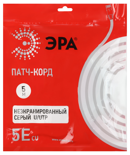 Патч корд ЭРА U/UTP неэкранированный 5 м, категория 5e, серый Cu (1/80) (Б0051413) фото 2 Патч корд ЭРА U/UTP неэкранированный 5 м, категория 5e, серый Cu (1/80) (Б0051413) фото 2
