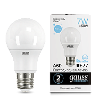 Лампа светодиодная GAUSS Elementary A60 7W 560lm 6500K E27 1/10/100 (23237A)