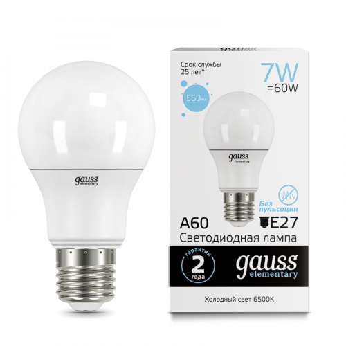 Лампа светодиодная GAUSS Elementary A60 7W 560lm 6500K E27 1/10/100 (23237A) Лампа светодиодная GAUSS Elementary A60 7W 560lm 6500K E27 1/10/100 (23237A)