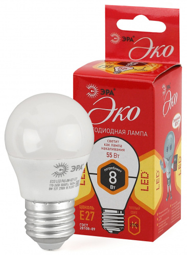 Лампа светодиодная ЭРА RED LINE ECO LED P45-8W-827-E2 E27 / Е27 8Вт шар теплый белый свет (1/100) (Б0030024) фото 5
