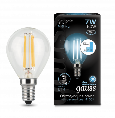 Лампа светодиодная GAUSS Filament Шар 7W 580lm 4100К Е14 шаг. диммирование 1/10/50 (105801207-S) Лампа светодиодная GAUSS Filament Шар 7W 580lm 4100К Е14 шаг. диммирование 1/10/50 (105801207-S)