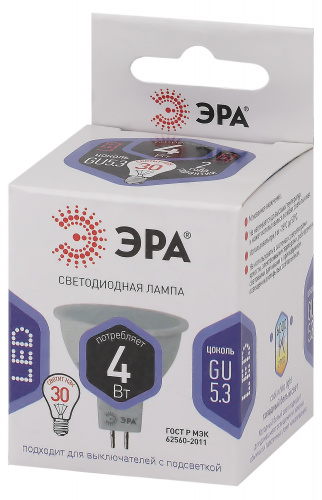Лампа светодиодная ЭРА STD LED MR16-4W-860-GU5.3 GU5.3 4Вт софит холодный дневной свет (1/100) (Б0049068) фото 3