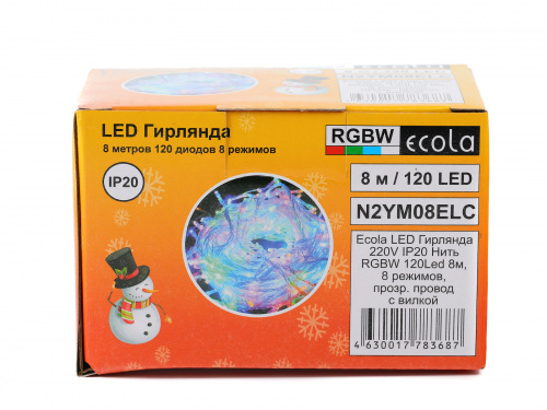 Гирлянда светодиодная ECOLA 220V IP20 Нить 8м 120Led RGBW, 8 режимов, прозр.провод с вилкой (1/30) (N2YM08ELC) фото 4
