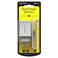 Блок питания сетевой 1 USB Borofone BA21A, Longjourney, 3.0A, пластик, быстрая зарядка 3.0, кабель Type-C, цвет: белый (1/48/192) (6931474702487)