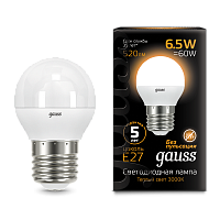 Лампа светодиодная GAUSS Шар 6.5W 520lm 3000K E27 1/10/100 (105102107)