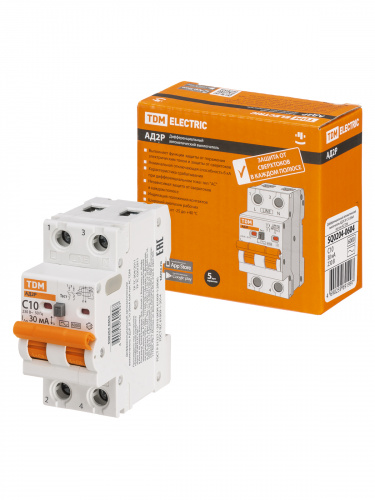 Диф.автомат АД2P 2Р С10 30мА 6кА тип АС TDM (1/48) (SQ0204-0604)
