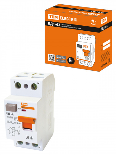 УЗО TDM ВД1-63 2Р 40А 500мА (1/6/60) (SQ0203-0093)