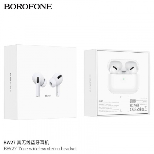 Наушники внутриканальные Borofone BW27, пластик, bluetooth 5.3, микрофон, цвет: белый (1/17/102) (6974443386929)