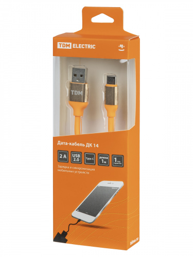 Дата-кабель TDM ДК 14, USB - USB Type-C, 1 м, силиконовая оплетка, оранжевый, (1/200) (SQ1810-0314) фото 2